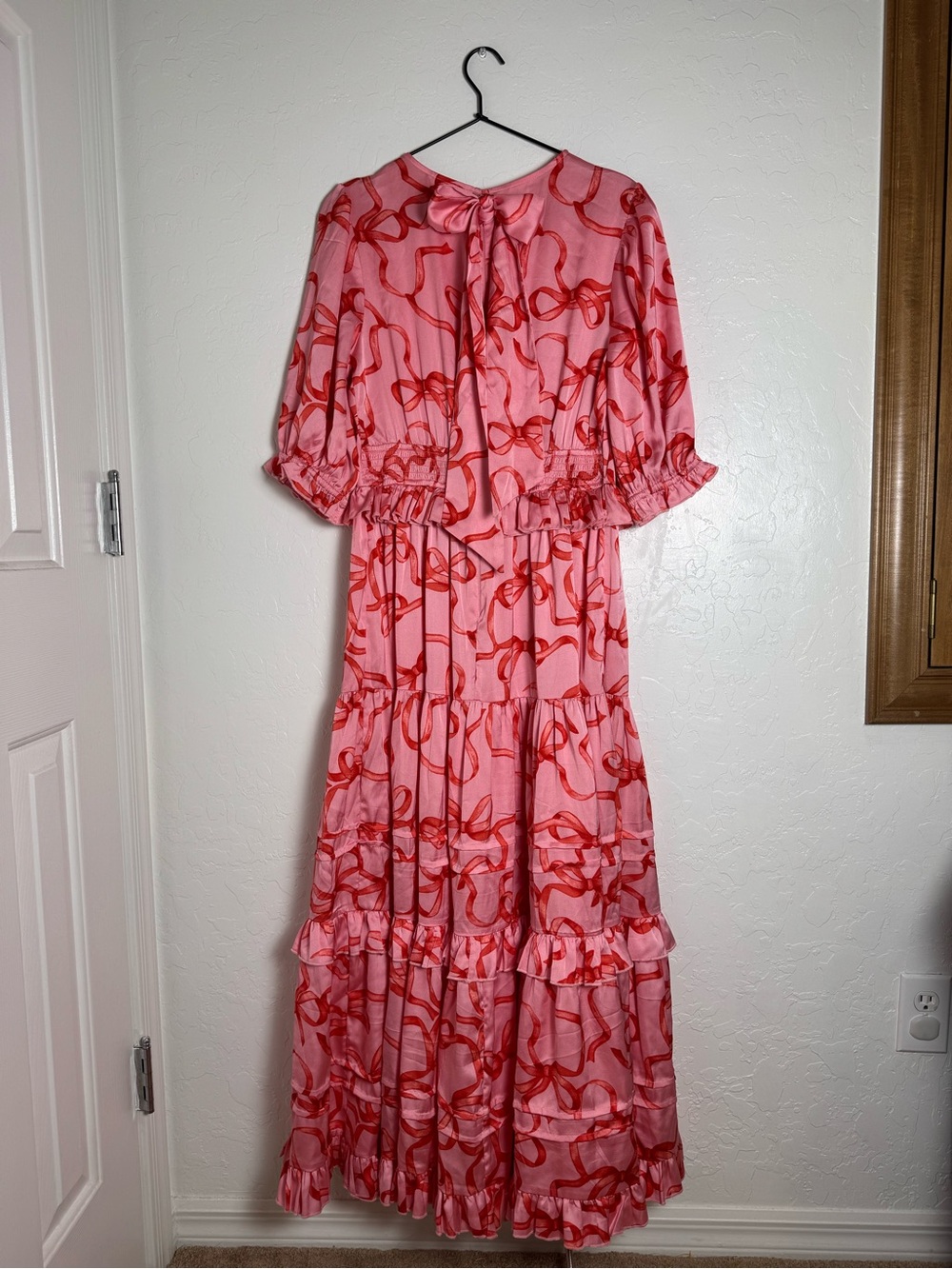 Ivy City Co Pink and Red Ribbon and Bow Print Ruffle Tiered Maxi Dress - Picture 9 of 14